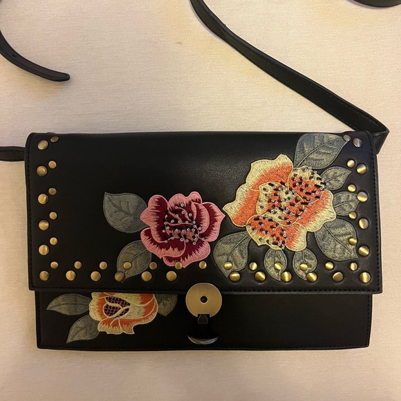 Topshop Handbags - Topshop Embroidered Flower and Studded Black Crossbody Bag